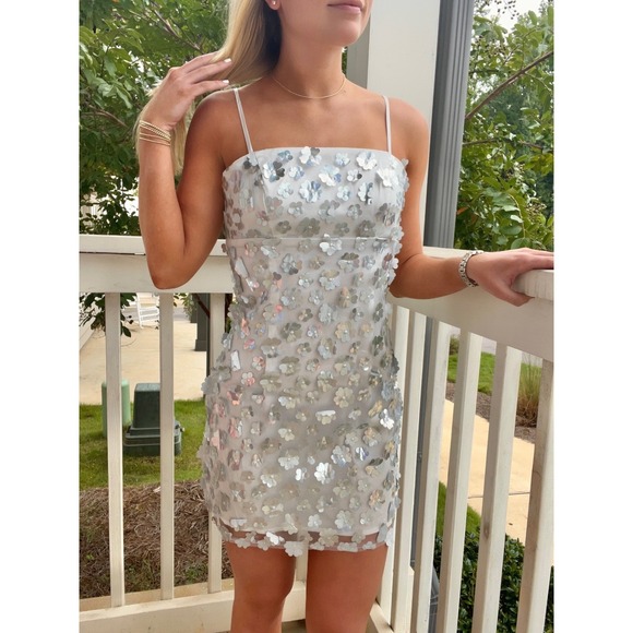 Storia Amaryllis Silver Petal Party Dress White Tulle Metallic Mini Large NEW - Picture 5 of 10